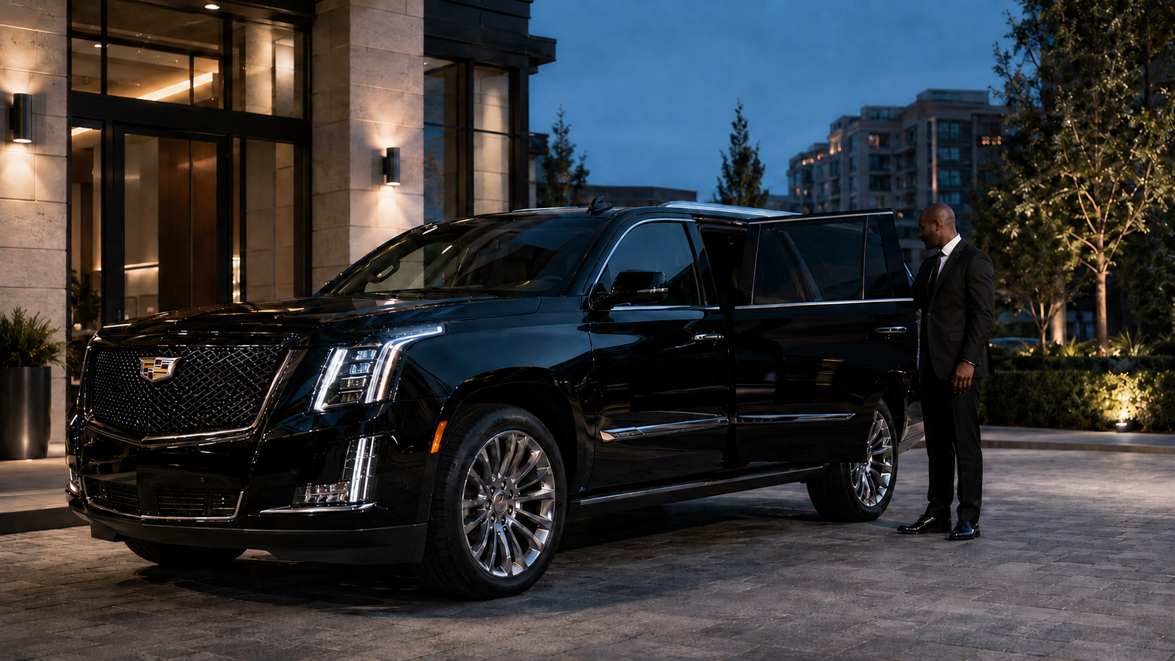 Chauffeur opening the rear door of a black luxury SUV