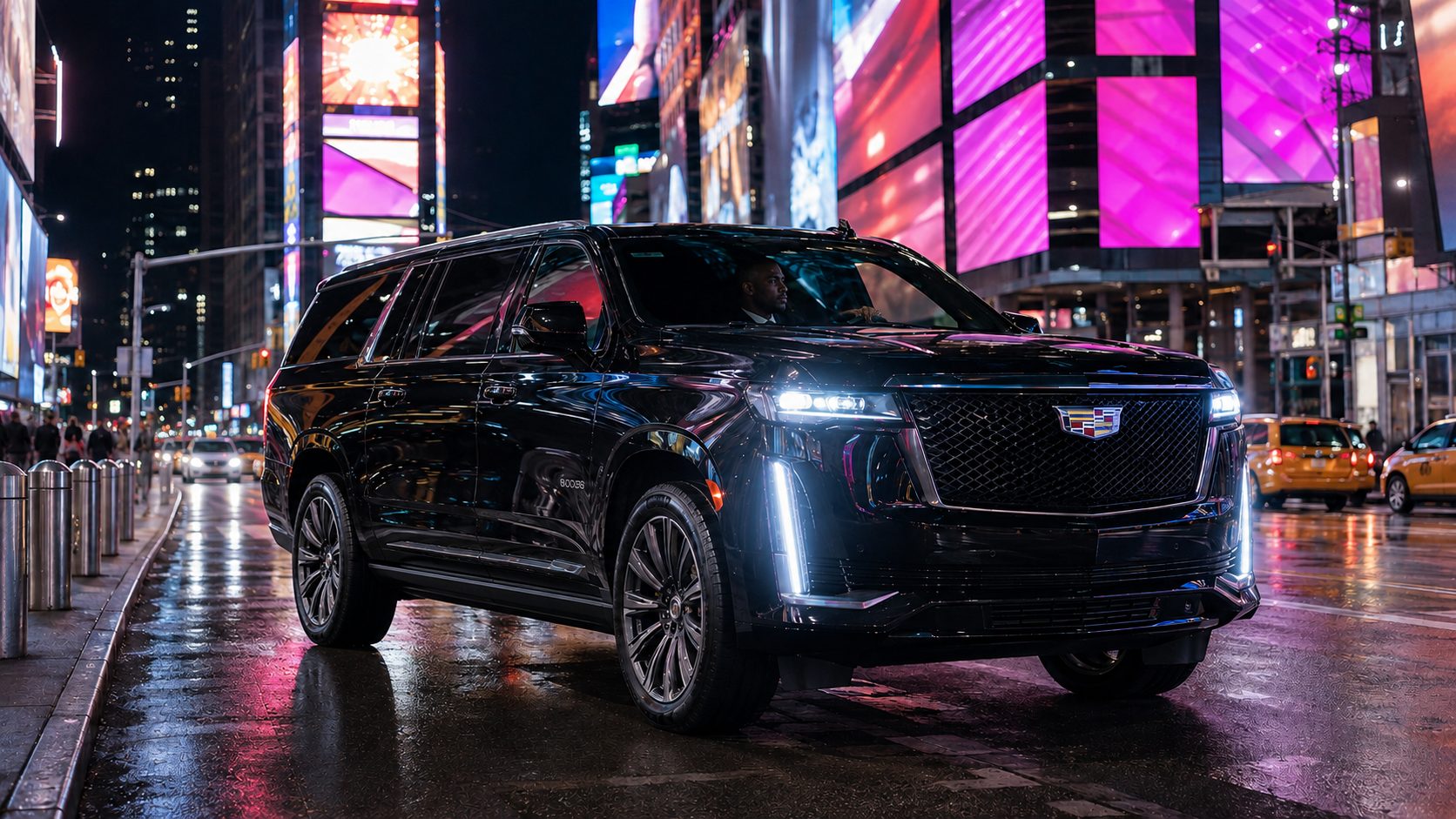 Black luxury SUV waiting in Times Square at night